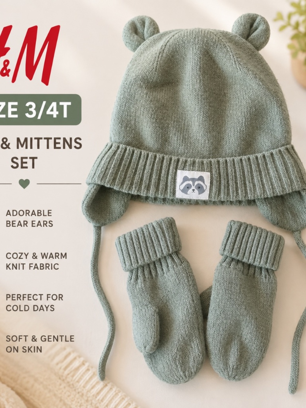 H&M Kids 3-4T Knit Winter Hat & Mittens Set Bear Ears Gray